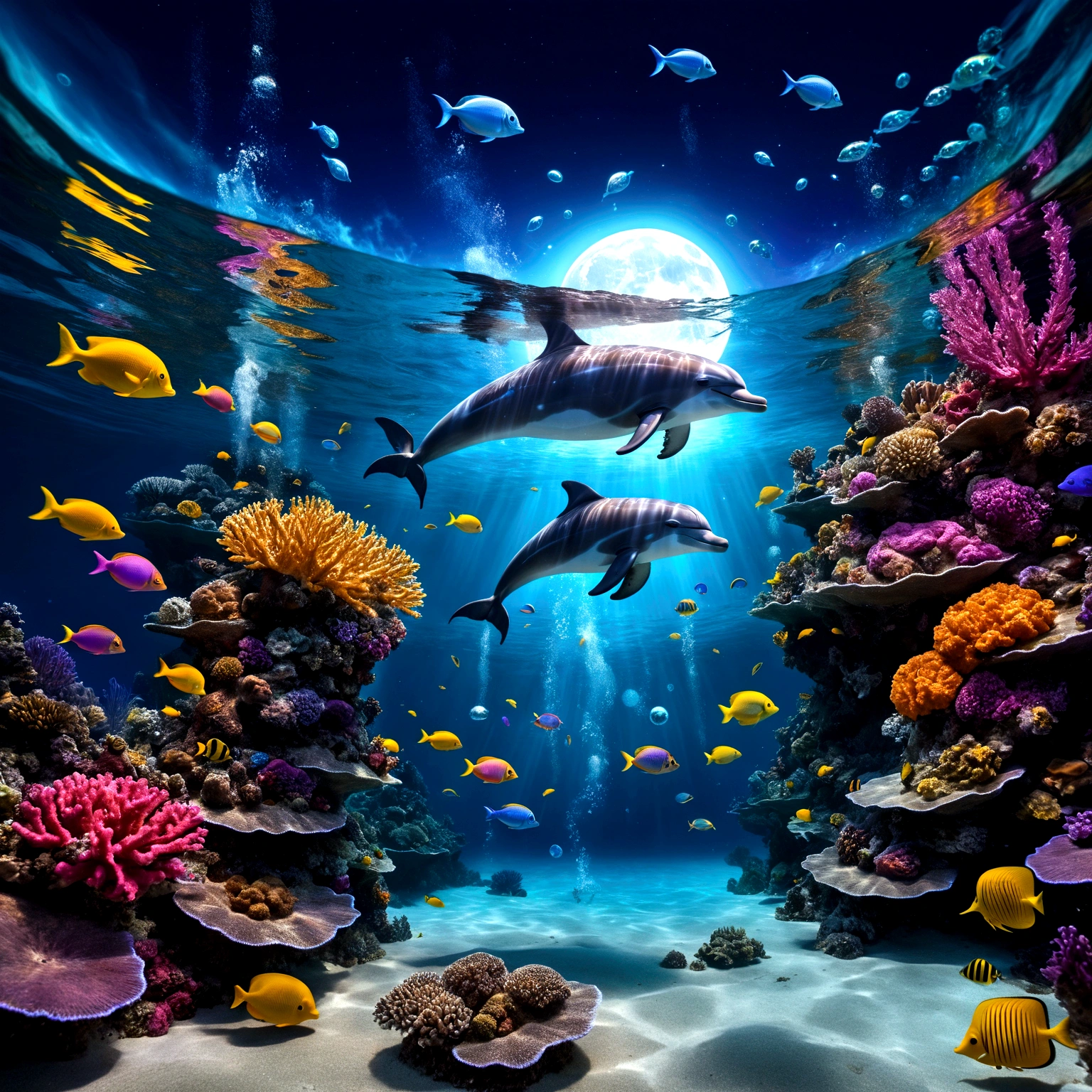 The image depicts a dreamlike and captivating underwater scene, where imagination meets reality. In the foreground, a diver explores the depths of a colorful coral reef, surrounded by small bioluminescent creatures that dance around her, leaving behind luminous trails. The tropical fish with pulsating lights and the vibrant corals of all colors enhance the brilliance of this underwater landscape. Bioluminescent orbs float in the water, emitting a soft blue light and creating mystical reflections.
 As we move towards the water's surface, the composition transforms into a cosmic vision. A powerful wave breaks, revealing within its swirling crests a massive human eye, symbolizing divine observation. Just above this wave, a dolphin leaps gracefully, leaving behind a trail of stardust, connecting the sea and the starry sky. Ethereal bubbles reflecting the cosmic sky float gently around the underwater scene. The sky in the background is a blend of blue, violet, and golden hues, with a luminous moon that appears both near and far. The scene is enveloped in a shimmering mist, giving it an ethereal quality. This fusion of marine and celestial elements creates a surreal and poetic scene, inviting the viewer to dive into a waking dream where the boundaries between worlds blur.