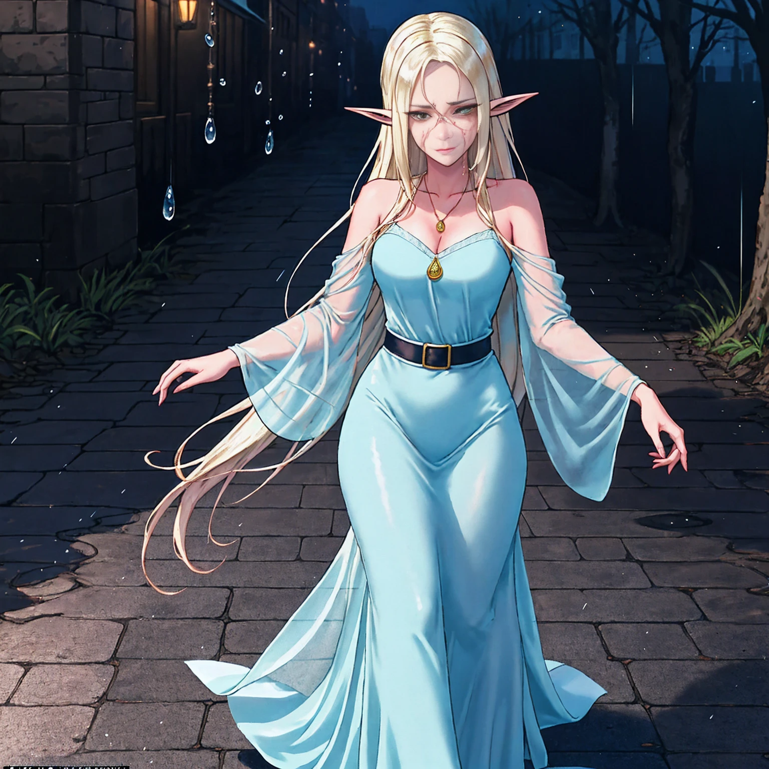 Scene: A lone female elf with white, glowing skin stands in a foggy alleyway. Rain pours down, casting a sheen on the wet cobblestones. Neon signs from nearby streets bleed through the fog, creating an otherworldly glow.
Character: The elf has long, flowing white hair and piercing eyes narrowed in concentration, a shadow cast over them. She wears an elegant, flowing long dress and leans casually against a brick wall. Her fingers are crossed, a gesture hinting at hope or nervousness. Aviator sunglasses perched on her nose add a touch of mystery.
Image Quality: The image is rendered in stunning 8K detail, capturing every raindrop and the intricate details of the elf's clothing and features.