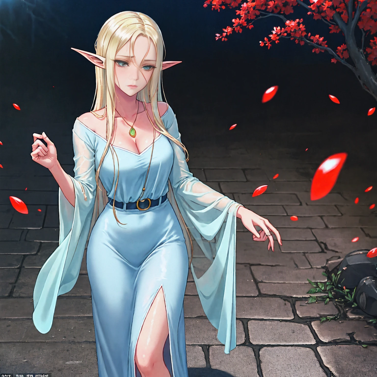 Scene: A lone female elf with white, glowing skin stands in a foggy alleyway. Rain pours down, casting a sheen on the wet cobblestones. Neon signs from nearby streets bleed through the fog, creating an otherworldly glow.

Character: The elf has long, flowing white hair and piercing eyes narrowed in concentration, a shadow cast over them. She wears an elegant, flowing long dress and leans casually against a brick wall. Her fingers are crossed, a gesture hinting at hope or nervousness. Aviator sunglasses perched on her nose add a touch of mystery.

Image Quality: The image is rendered in stunning 8K detail, capturing every raindrop and the intricate details of the elf's clothing and features.