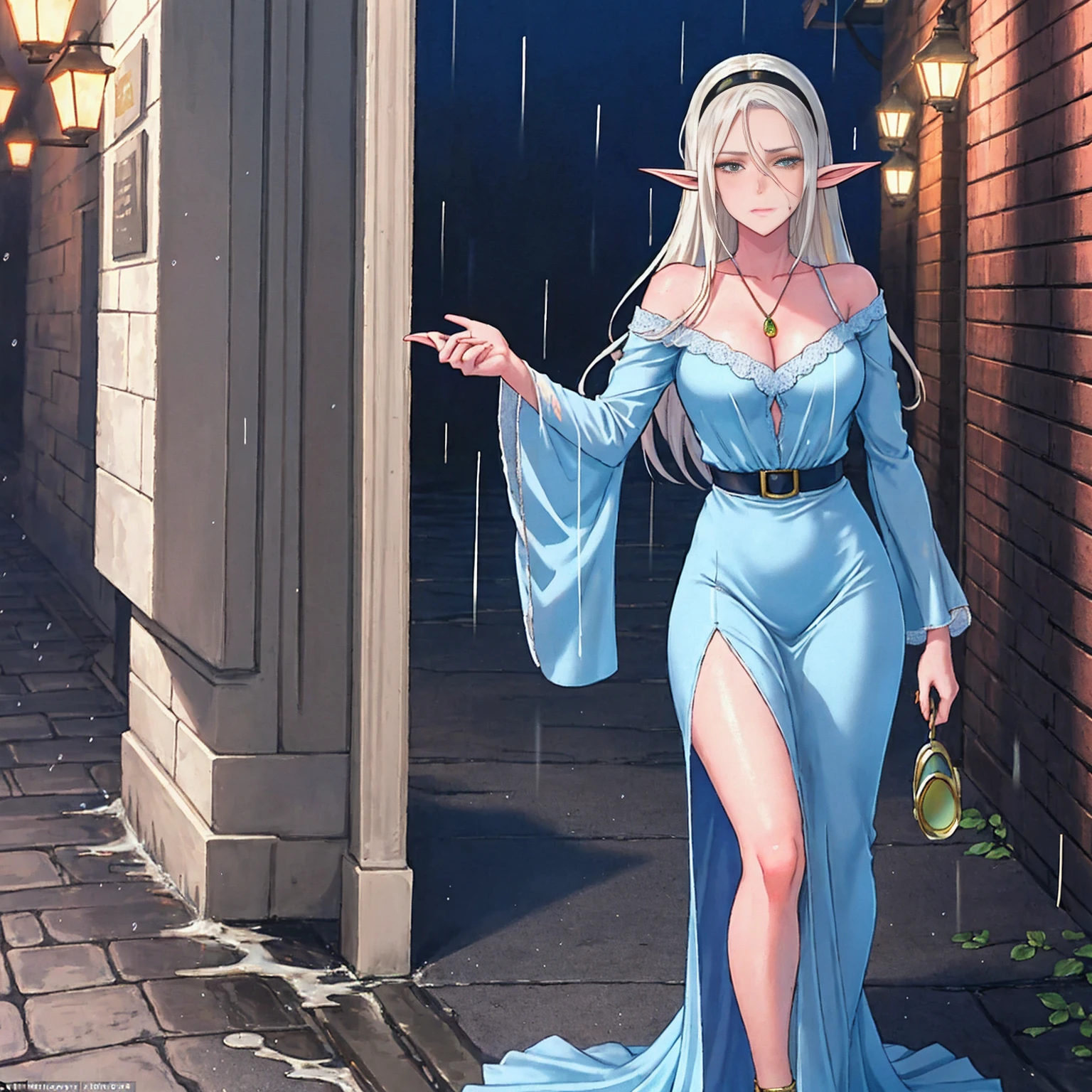 Scene: A lone female elf with white, glowing skin stands in a foggy alleyway. Rain pours down, casting a sheen on the wet cobblestones. Neon signs from nearby streets bleed through the fog, creating an otherworldly glow.

Character: The elf has long, flowing white hair and piercing eyes narrowed in concentration, a shadow cast over them. She wears an elegant, flowing long dress and leans casually against a brick wall. Her fingers are crossed, a gesture hinting at hope or nervousness. Aviator sunglasses perched on her nose add a touch of mystery.

Image Quality: The image is rendered in stunning 8K detail, capturing every raindrop and the intricate details of the elf's clothing and features.