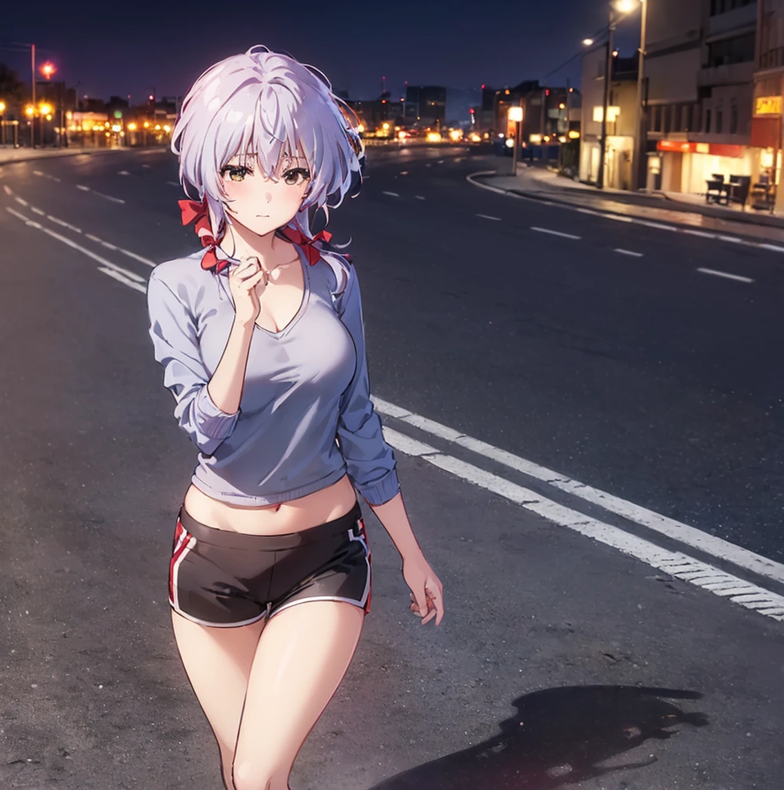 ((1girl)), ((alone)),fuuka Kikuchi, ((extremely detailed CG unity 4k wallpaper)), (masterpiece), (ultra quality), (ultra detailed), (best illustration), (best shadow), (extremely detailed), looking at viewer, (absurdities), (detailed background), curvy body, dynamic pose, cowboy photo, medium breasts, medium waist, wide hips, wide thighs, round butt, ((hair bag, bright hair, closed mouth, gray hair, hair between eyes, holding, open jacket, red bow, red bow, red sports bra, shiny hair, short gray jacket, shoes, short, socks, standing, waist naked, navel, collarbone, black yoga pants, tight pants, thigh gap, watch, wristwatch )),smile, mouth closed)), standing, cowboy photo, backlight, ((solo)), ((standing: 1.4, exterior, cityscape, city, streets, city lights, (stoic expression, blushing, sexy, closed mouth, sexy pose), looking forward, ((focus on breasts), point of view: (from middle), perfect anatomy, perfect hands,