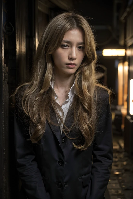 Tokyo，Dark alley at night，tense atmosphere， (original photography:1.3), (best quality), (Extremely detailed),(Messy hair),(Inspired by the 007 movie)，(Real stills:1.3)，007 Style，Female Agent，blond hair，long golden curly hair，Very detailed face，school uniform，long legs，Long range shooting，Long distance shooting