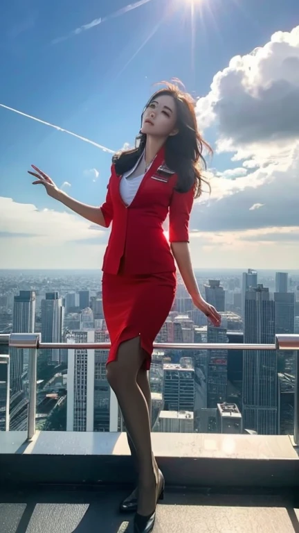 Masterpiece:1.2, best quality, 8k, UHD, high detailed, knee shot, portrait, hyperrealistic, cinematic light, 20s woman, airasia flight attendant uniform, slim and perfect figure, perfect body proportions, beautiful, pretty, digital art, light and shadow, long hair, dynamic pose, two realistic large shinny metal angel wings on her back, she is flying in the sky, cloud, above the bangkok downtown, sky, fantasy, read suit, red skirt