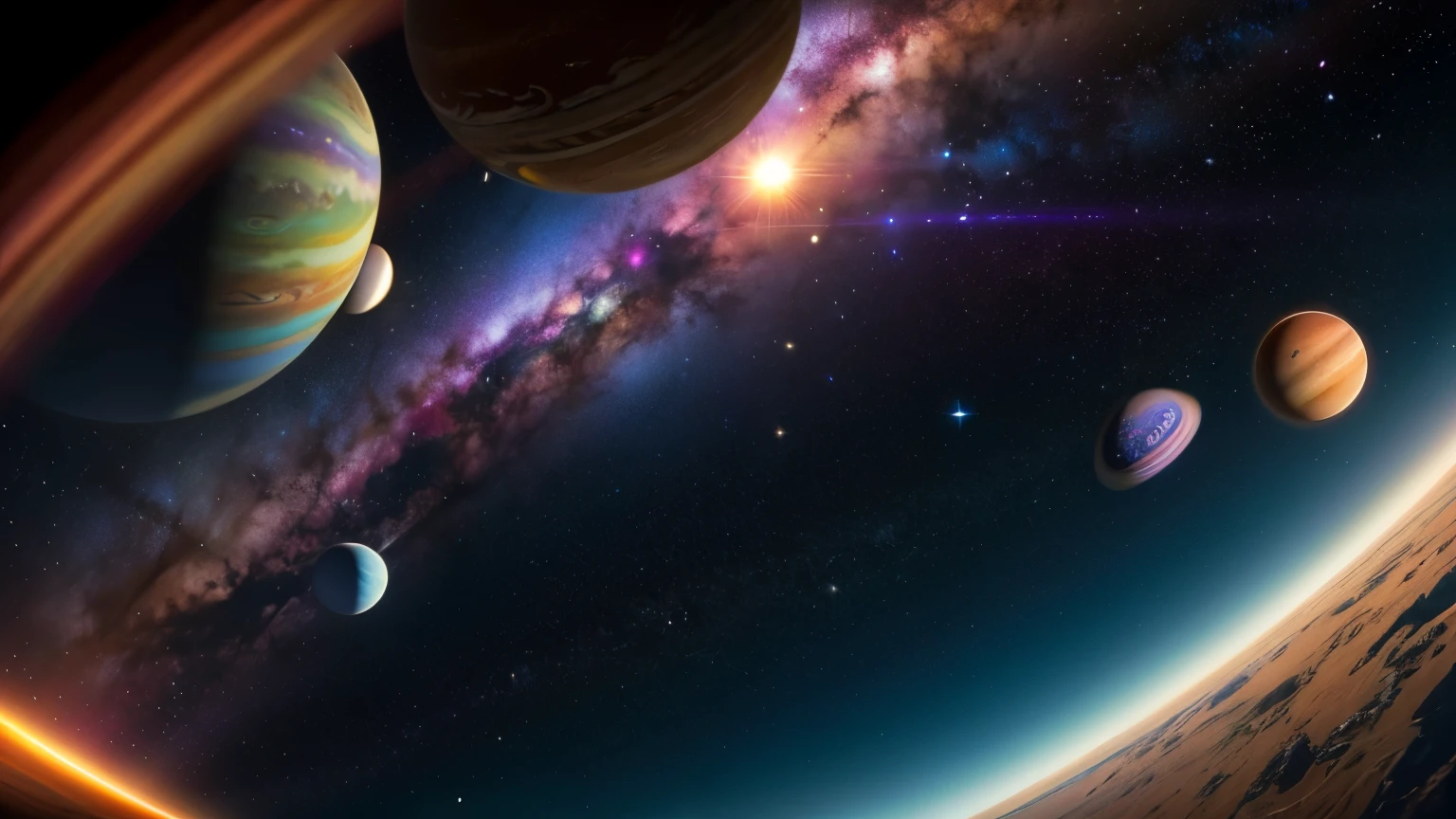 ((Highest quality)), ((masterpiece)), (detailed), A vibrant and colorful outer space scene featuring multiple planets and stars. The foreground planet is illuminated by a bright light source, creating a glowing effect. In the background, there are planets with rings and nebulae, adding depth and detail to the scene. The entire image should have a cosmic and ethereal feel, with rich purples, blues, and hints of pink.