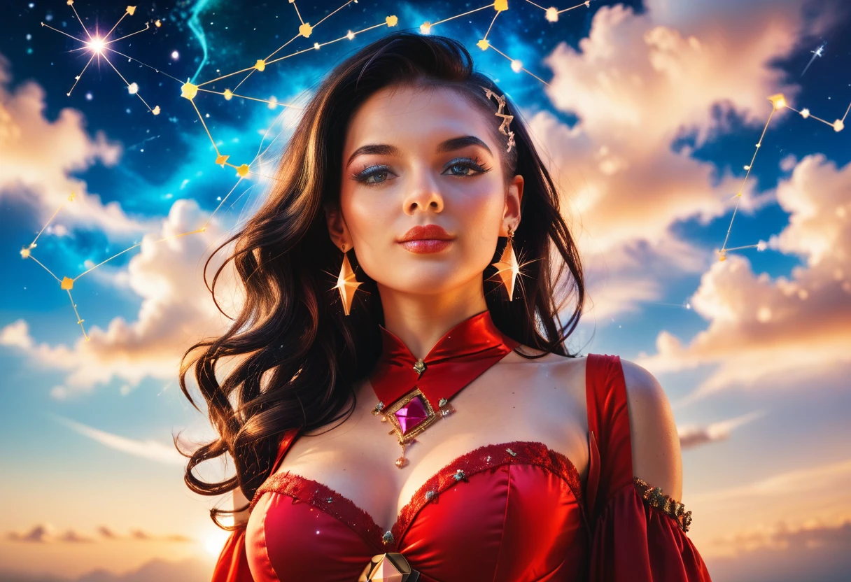 a portrait of an astrologer looking at libra constellation in the night sky, an extraordinary beautiful woman, there is magic in her eyes divining the future from the Libra constellation, dynamic hair color, dynamic hair style, wearing an intricate red dress decorated with glowing stars, she looks to the night sky seeing the ((Libra constellation in the sky: 1.5)), vibrant, Ultra-high resolution, High Contrast, (masterpiece:1.5), highest quality, Best aesthetics), best details, best quality, highres, 16k, [ultra detailed], masterpiece, best quality, (extremely detailed), Cinematic Hollywood Film, magical sky, FireMagicAI, dark novel