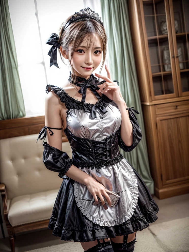 (8K, Photorealistic, Raw photo, of the highest quality: 1.3), (1girl in), Super beautiful, (Realistic face), (boyish, Silver Color Berry Shorthair), Beautiful , Glare that captivates the viewer, Beautiful expression, Beautiful breasts, (Realistic skin), Be...Super high quality, super high definition, super detailed, masterpiece, 20years old, female, cute, perfect face, beautiful, nice body, gothic lolita clothes, gothic lolita fashion, frilly skirt, headdress, necklace, bracelet, knee-high socks, boots, double eyelids, tear bags, Detailed down to the fingers, photo-like description, indoors, dim indoor lighting, blonde hair, pony tail, standing, whole body, composition that shows the whole body, smiling