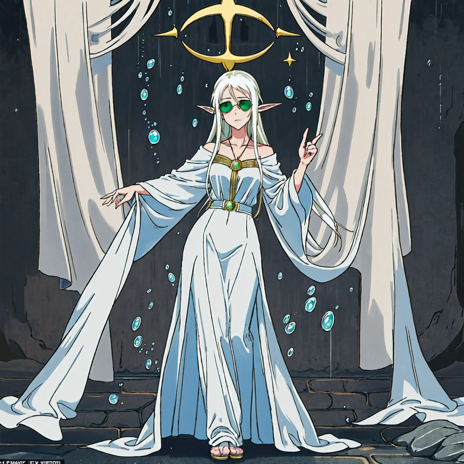 Scene: A lone female elf with white, glowing skin stands in a foggy alleyway. Rain pours down, casting a sheen on the wet cobblestones. Neon signs from nearby streets bleed through the fog, creating an otherworldly glow.
Character: The elf has long, flowing white hair and piercing eyes narrowed in concentration, a shadow cast over them. She wears an elegant, flowing long dress and leans casually against a brick wall. Her fingers are crossed, a gesture hinting at hope or nervousness. Aviator sunglasses perched on her nose add a touch of mystery.
Image Quality: The image is rendered in stunning 8K detail, capturing every raindrop and the intricate details of the elf's clothing and features.