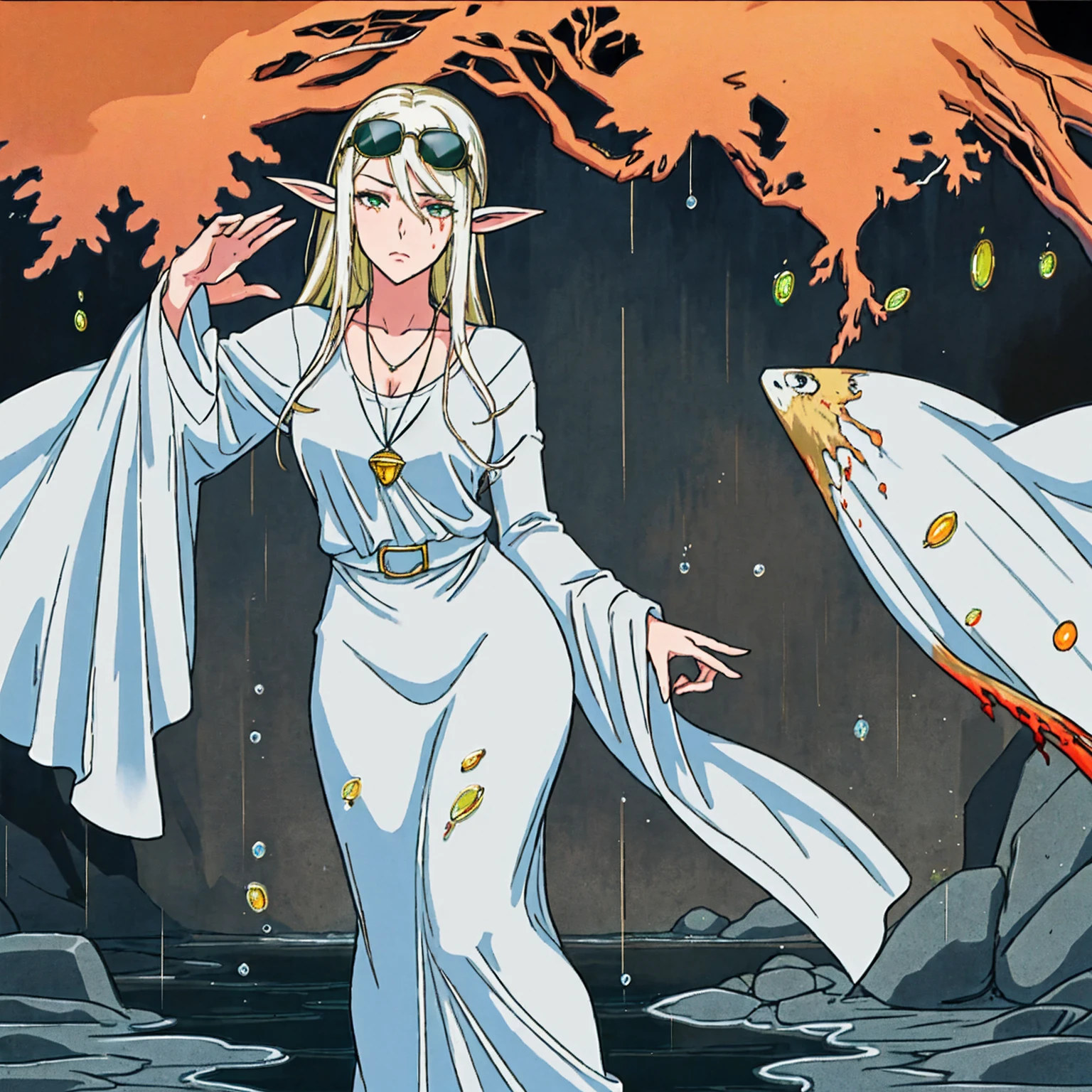 Scene: A lone female elf with white, glowing skin stands in a foggy alleyway. Rain pours down, casting a sheen on the wet cobblestones. Neon signs from nearby streets bleed through the fog, creating an otherworldly glow.
Character: The elf has long, flowing white hair and piercing eyes narrowed in concentration, a shadow cast over them. She wears an elegant, flowing long dress and leans casually against a brick wall. Her fingers are crossed, a gesture hinting at hope or nervousness. Aviator sunglasses perched on her nose add a touch of mystery.
Image Quality: The image is rendered in stunning 8K detail, capturing every raindrop and the intricate details of the elf's clothing and features.