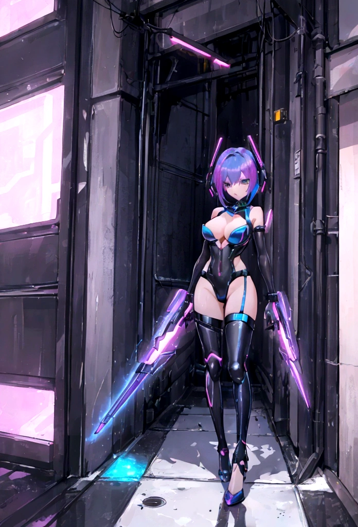 “Cyberpunk woman armed with high-tech combat gear, featuring futuristic visors and advanced weapons. She stands in an alley of a mega-city, surrounded by skyscrapers and holographic ads. Her hair is short and vibrantly colored, like electric blue or neon pink, and she has a determined expression. The lighting is dramatic with neon reflections in water puddles.”