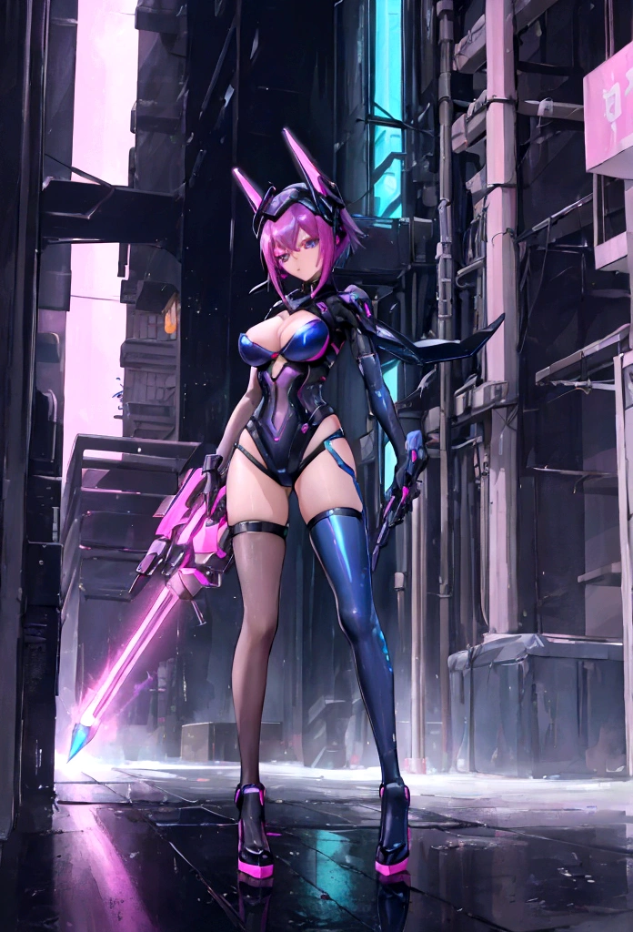 “Cyberpunk woman armed with high-tech combat gear, featuring futuristic visors and advanced weapons. She stands in an alley of a mega-city, surrounded by skyscrapers and holographic ads. Her hair is short and vibrantly colored, like electric blue or neon pink, and she has a determined expression. The lighting is dramatic with neon reflections in water puddles.”