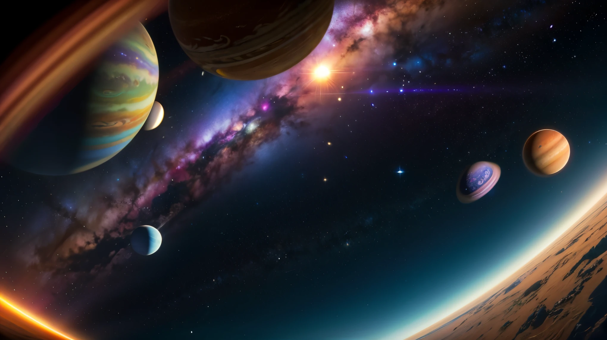 ((Highest quality)), ((masterpiece)), (detailed), A vibrant and colorful outer space scene featuring multiple planets and stars. The foreground planet is illuminated by a bright light source, creating a glowing effect. In the background, there are planets with rings and nebulae, adding depth and detail to the scene. The entire image should have a cosmic and ethereal feel, with rich purples, blues, and hints of pink.