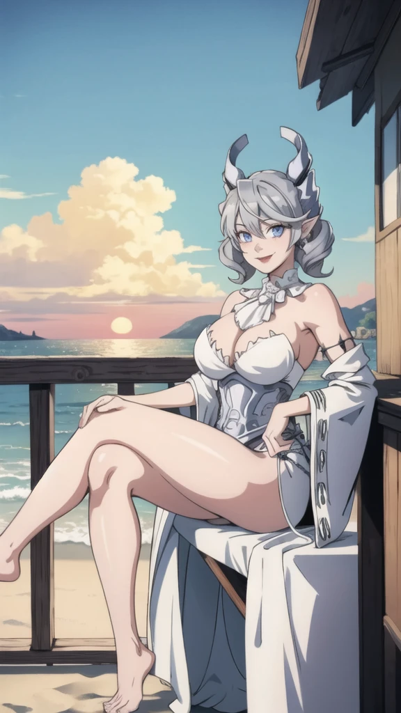 Beautiful arts wallpaper Sunset Outside castle top High level image quality best image quality 8K adult woman silver castle outside more colors whole body view portrait wearing pure white pirate dress horn ears short hair((shortcut)(gray hair)(perm)(fluffy)) eye color is blue , , attractive evil face , smile , beach , labrynth , barefoot , teasing with her breast, , sitting with crossed legs , waves