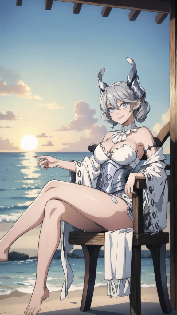 Beautiful arts wallpaper Sunset Outside castle top High level image quality best image quality 8K adult woman silver castle outside more colors whole body view portrait wearing pure white pirate dress horn ears short hair((shortcut)(gray hair)(perm)(fluffy)) eye color is blue , , attractive evil face , smile , beach , labrynth , barefoot , teasing with her breast, , sitting with crossed legs , waves