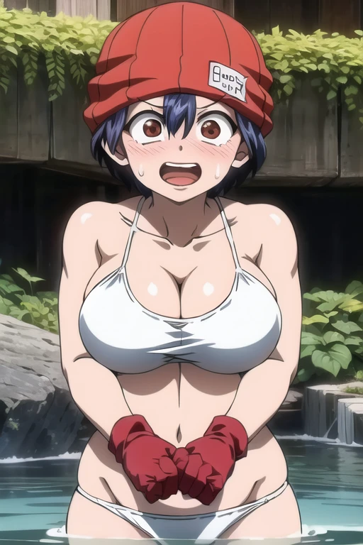 1girl, (masterpiece:1.1), hi-res, 4k chuyun,Dark blue hair,Brown red eyes,red hat,Red gloves,White T-shirt,Blue pants ((en bikini)) (toda mojada)