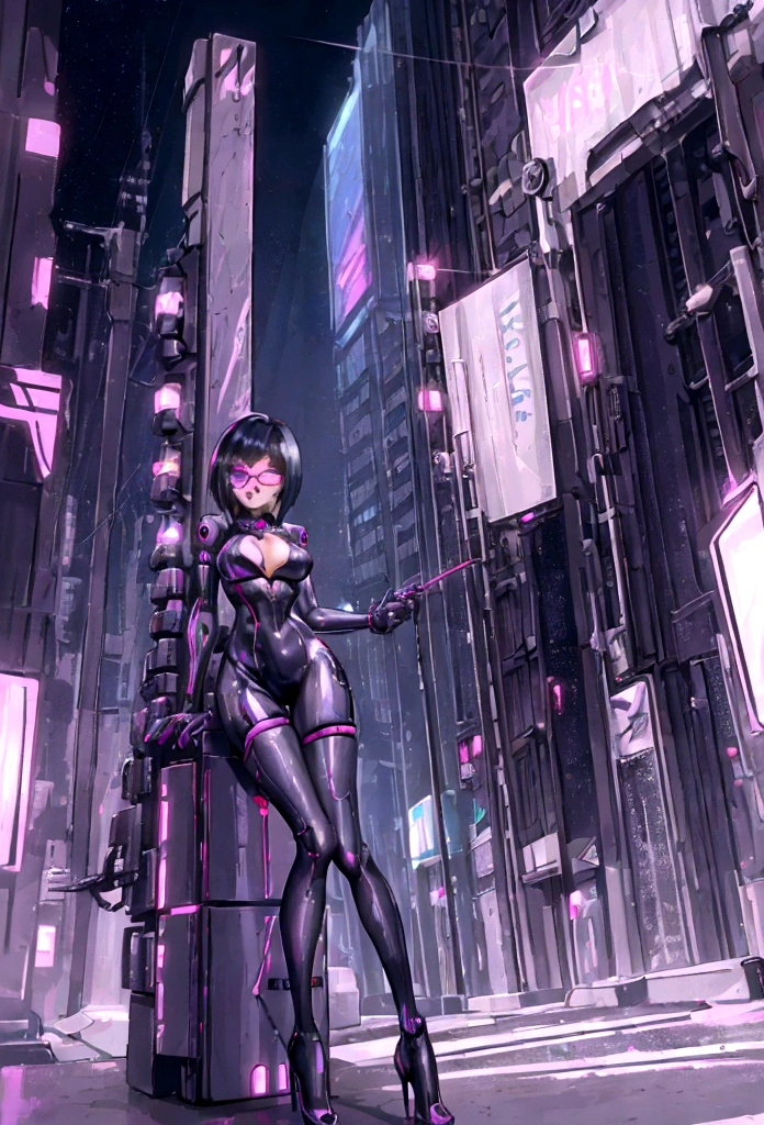 Cyborg girl, Velma Dinkley, in a futuristic urban environment, with visible mechanical body parts like cybernetic arms and legs, and a bionic eye. She wears high-fashion clothing with technological details and neon accessories. The background shows a futuristic city filled with digital advertisements and an atmosphere of urban chaos.”