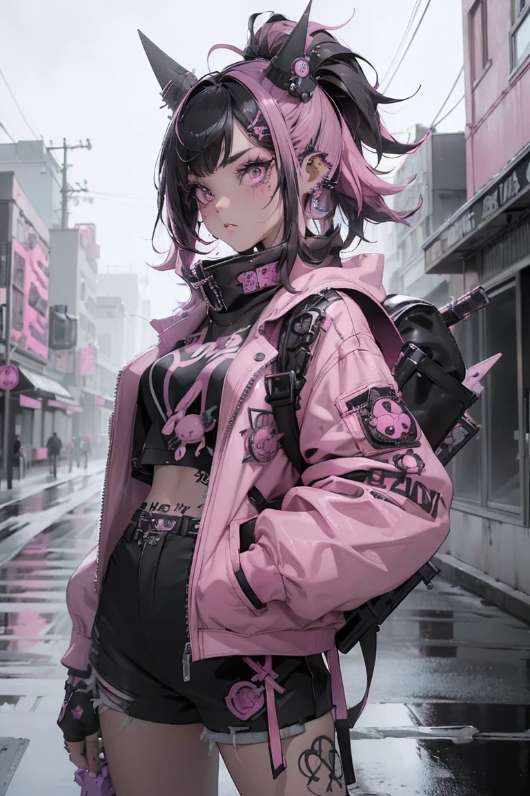 (highest quality、8k、32K、masterpiece、nffsw:1.3)、(Photoreal:1.4),(shoot from front,looking at viewer:1.5)、18-year-old punk girl,eccentric punk hair,((pink and black punk fashion:1.5)),clothes with studs、(1 holding a stuffed crazy bunny in his left hand.5)、black backpack on the back、(bright black and pink hair:1.5),Wacky makeup、、dark background、Desolate city in the rain、puddle on the road、(cinematic lighting)、Depth of the bounds written,blurred background、