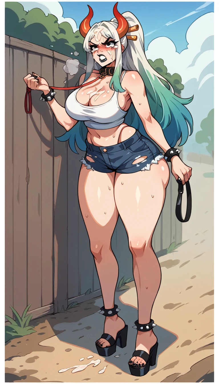 Yamato, tall open-toe platform heelless high heels, extra large breasts, white crop-top, short shorts, cleavage, black lipstick, black eyeliner, black nails, dirt road, countryside, angry, crying, spiked collar, spiked wrist bracelets, leash on collar, spiked ankle bracelets, standing, ripped clothes, blushing, extra cum on face, large thighs, thick butt