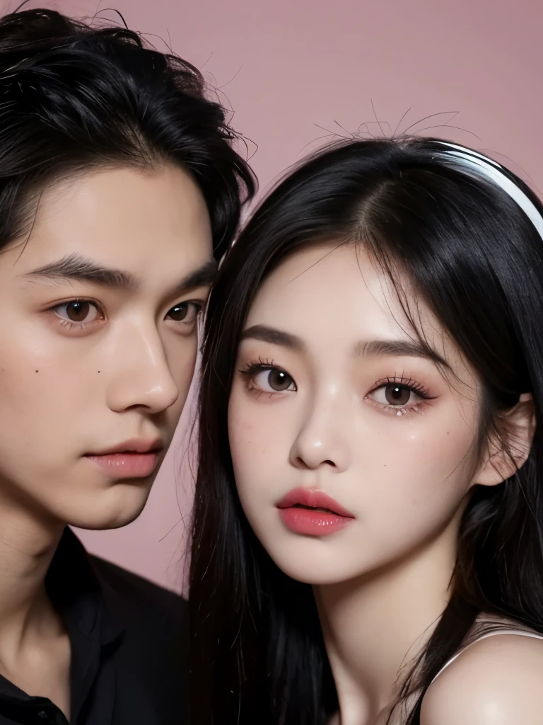 Kim Jennie with dark black hair, with curlers at the ends of dark black hair, with a star clip in her dark black hair, light colored eyes, pretty eyes, crying eyes, pretty, upturned nose, Pretty lips, pink lips, heart and cupid shaped lip, pretty skin, pale, White skin, with moles and freckles all over his face, soft pink blush on the cheeks, natural pink blush, dark and gothic makeup, Gothic Jennie, while she is with a cute boy by her side, with a cute asian boy standing next to her, while there is a man's torso, while the man'His hand is on his jaw.., beautiful man's hands, with a gothic boy, nice collars, marked collar, frown, angry look, with a kiss necklace, a pretty kiss necklace, while her nipples are noticeable (big breasts, soft breasts, nice breasts, natural breasts), with a white dress, short and transparent dress, visible on the nipple, with a boy by his side, with her boyfriend, looking to the camera, autophoto