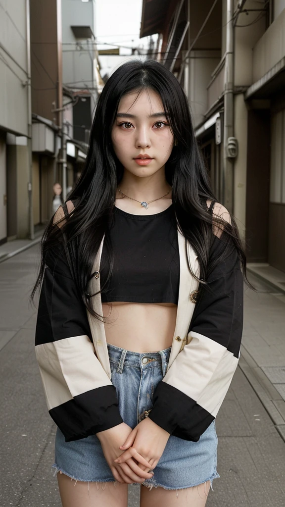 Japan girl
Long black hair
16 years old
Jewellery
Brown eyes
Too big clothes