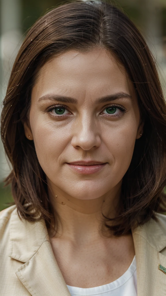 Something classic:
Photorealistic business portrait of a middle-aged woman. Photo taken with a Canon R6 camera and a 50mm 1.2 lens. The main octa light comes from the upper right corner. The background is green, she is wearing a red jacket and a white shirt