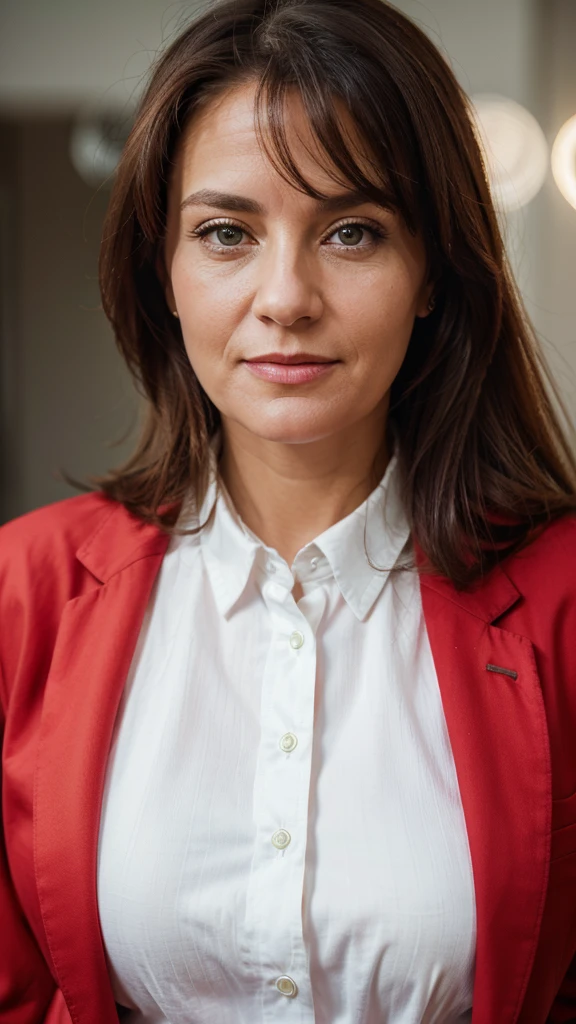 Something classic:
Photorealistic business portrait of a middle-aged woman. Photo taken with a Canon R6 camera and a 50mm 1.2 lens. The main octa light comes from the upper right corner. The background is green, she is wearing a red jacket and a white shirt