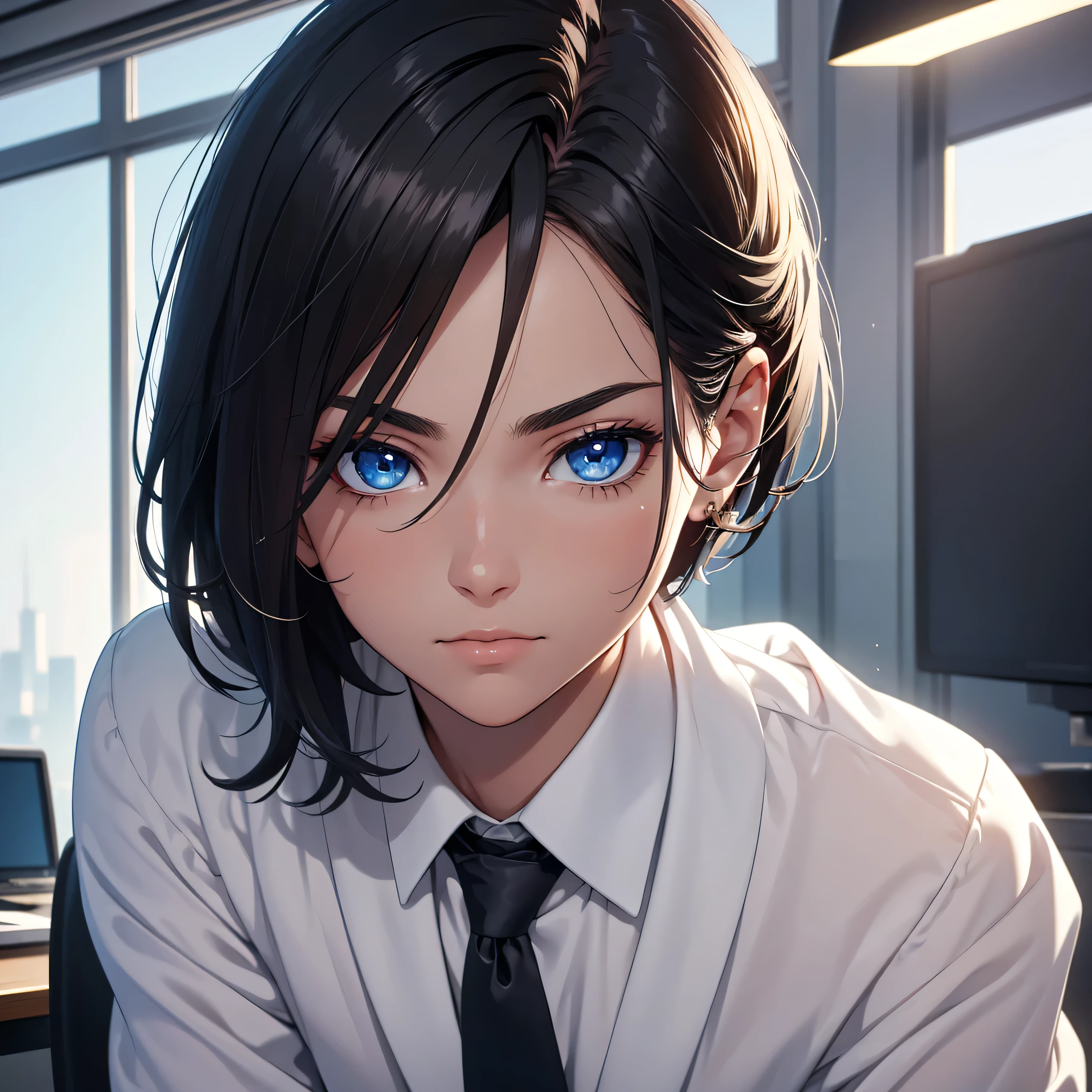 (8K, Best Quality, Masterpiece, Ultra High Resolution) 1Man, Beautiful Eyes, Face Details, Short Black Hair, Blue Eyes, Sunkissed Skin, Slender, Toned, Suit, Sitting at Desk, Best Quality, Upper Body, Looking at the Viewer, Facing Viewer, Close Up