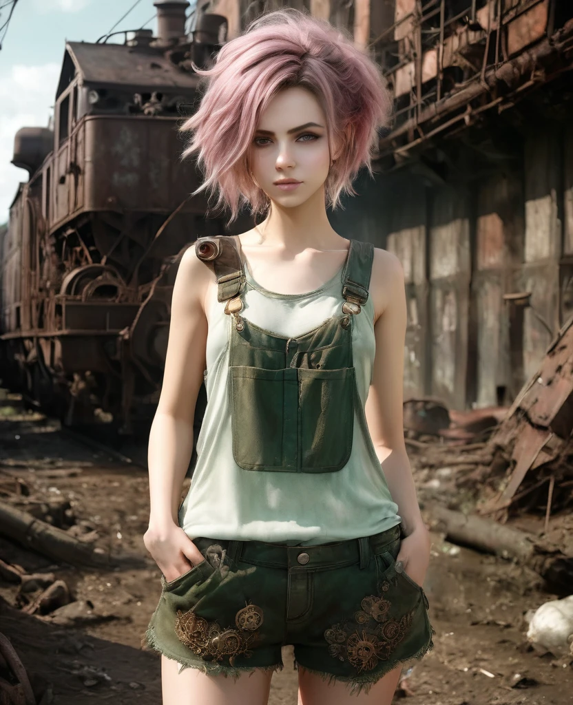 (((high resolution))), (((extremely detailed))), ((masterpiece)), dramatic shadows, depth of field, analog photo style, (world in which are collide steampunk and postapocalyptic vibes), postapocalyptic cute female in steampunk torn dirty clothes, looks like Aerith Gainsborough, depth of field, full body shot, unzoomed, (perfect body: 1.4), (sidecut short hairstyle), (stalking is quite common, although not the best way to make a living), looks interested, stylized atmosphere of unreality, dark aesthetic, dynamic pose, in motion, Armageddon, increase cinematic lighting, highly lifelike skin texture, parted lips, weary eyes, fine eyes, whitened skin, random hair colour, doomsday aura,