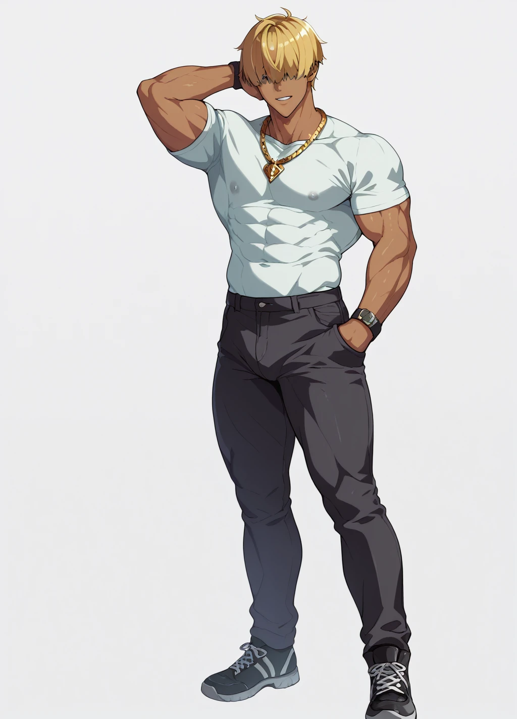 Blonde、Detailed illustrations、Ultra-precise expression、masterpiece、Highest quality、ultra High resolution、High resolution、Hiromitsu Takeda Style、White background、Simple Background、stand、whole body、1 young man、Brown Skin、hair over eyes、solo、Bad look、Black Hair、Muscular、stand、White clothes、Black pants、Gold Necklace、Black shoes、Red mark on the back of the right hand、One arm behind head、((Extra thick penis、Huge penis))、erection、
