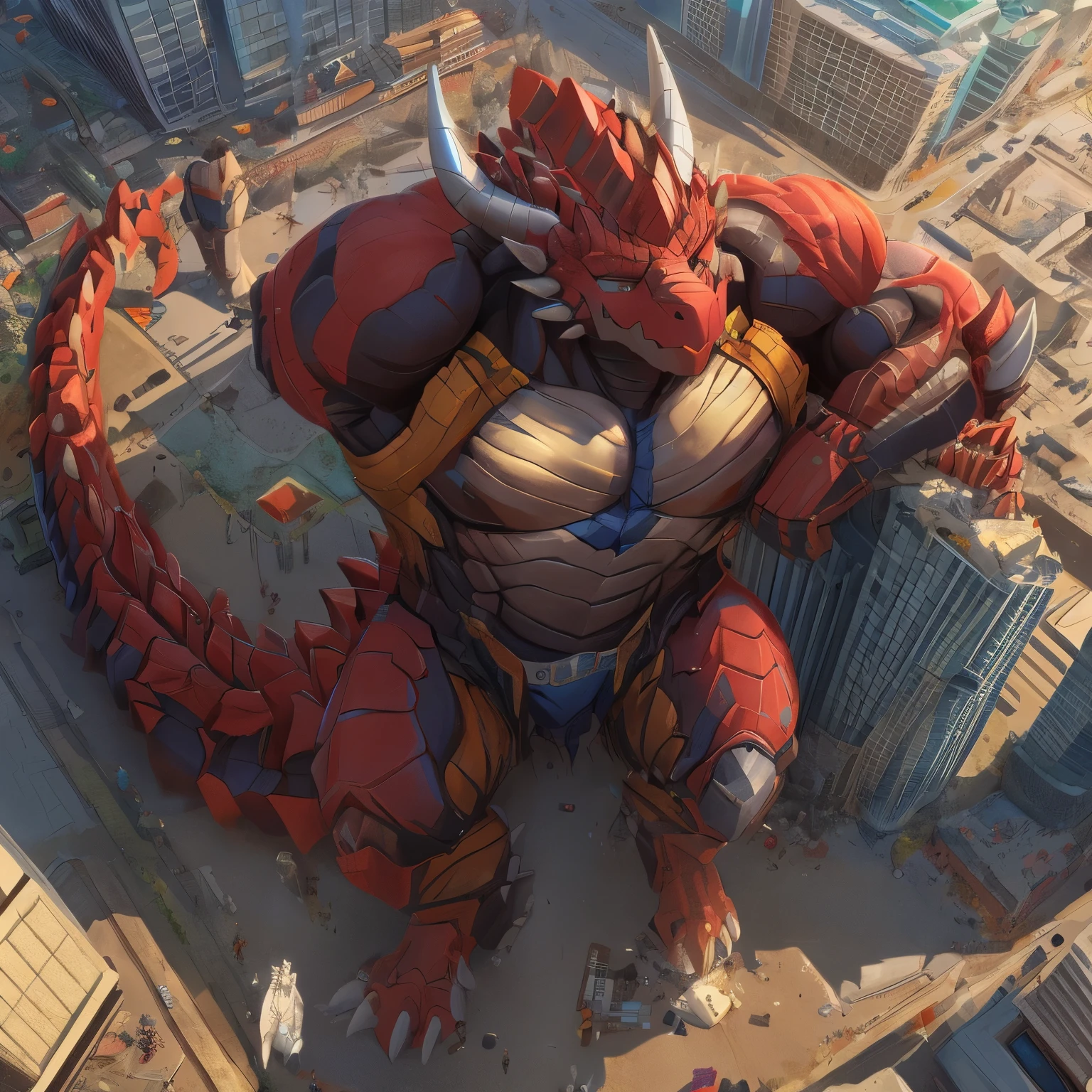 The as big as a mountain Exoskeleton Dragon in the modern city，Exoskeleton Dragon(massive:3.0,Big Muscle:1.1)，macro，Emphasize huge size，Stepping on the ruins，stepping on the collapse bus,background((destroyed,the collapse buildings,the collapse bus，Sparks))high angle perspective