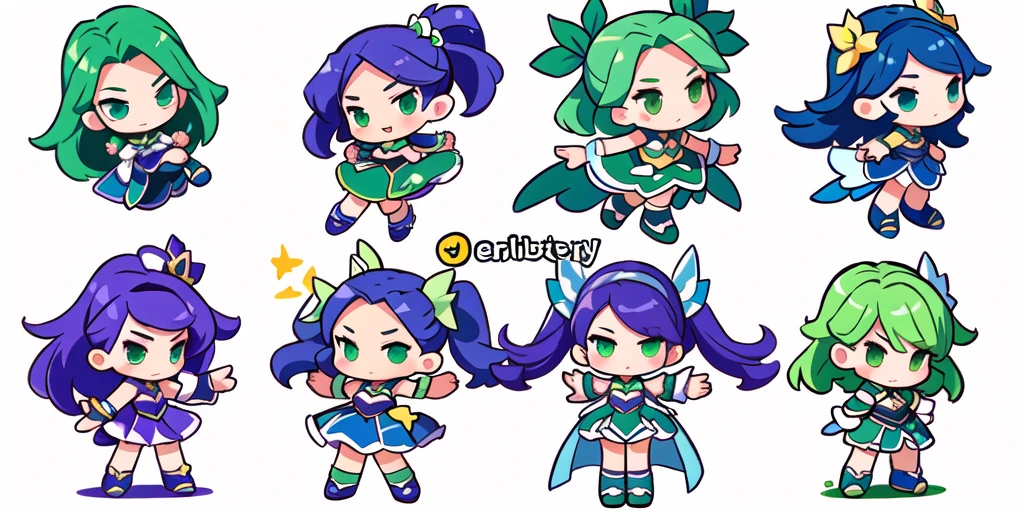 a close up of a cartoon character with different poses, spritesheet, sprite sheet, with familiar sprites, sprites, fairy girl, morgana, default pose neutral expression, twirling, sprite 2 d, shady, green fairy, smol, multiple poses, cute chibi, kawaii