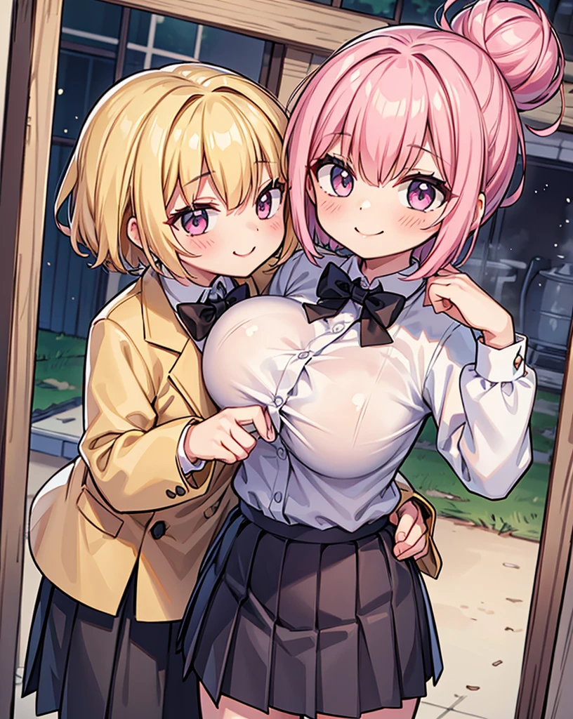 masterpiece, Highest quality, High resolution, JK,huge tit,One girl,black bow,black bowtie,Blonde,bow,bowtie,chest,Hair Bun,Hand in hand,Intertwined fingers,Long Hair,View your viewers,1人のboy,boy,hug,Pink Hair,pleated skirt,Tucked in shirt,short hair,skirt,smile,Tent shirt,breast grab