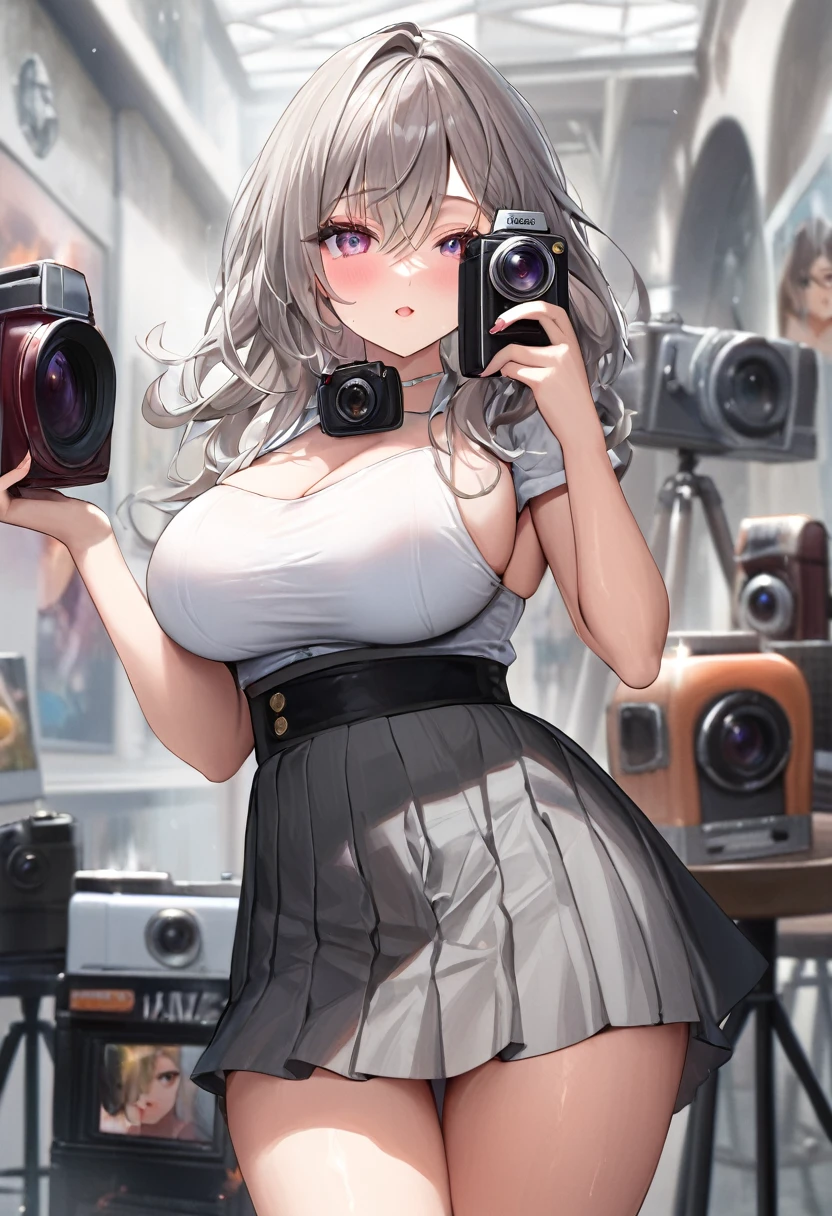 8k, masterpiece,A girl wearing gray micro skirt, colour fluid from her body, bring glowing eyes, realistic skin, clear face and perfect symmetry,sexy looking,sexy curves, looking at camera,shy expression,up camera.