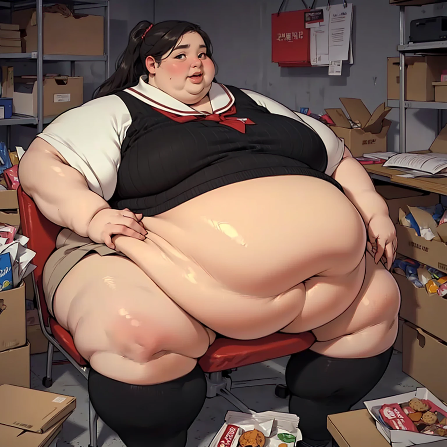 (masterpiece, detailed, realistic:1.3), young korean woman, USSBBW, (morbidly obese, fatblob:1.4), (detailed face, beautiful face), (desperate expression:1.3), high aesthetic, student,  girl, tight skimpy undersized clothes, sitting at desk, surrounded by junk food