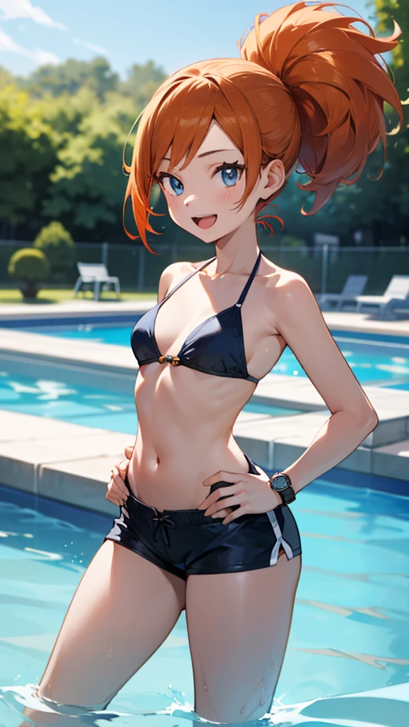 1 girl, masterpiece, best quality, highres, ro1, Misty from pokemon, hair bun, blue eyes, bikini top, blue bicycle shorts, small ponytail on the side, wristwatch, standing, hand on hip, smile, open mouth, (sparkle:1.1), orange hair, medium breasts, 3/4 body view, outdoors, swimming pool