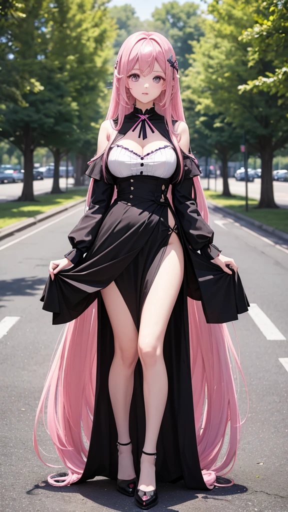 honkai impact, herrscher of thunder, very long hair, full body, pink hair, Sakura petals, Sakura long hair, great long horn, big demon wings, long tail, big tail, great tail