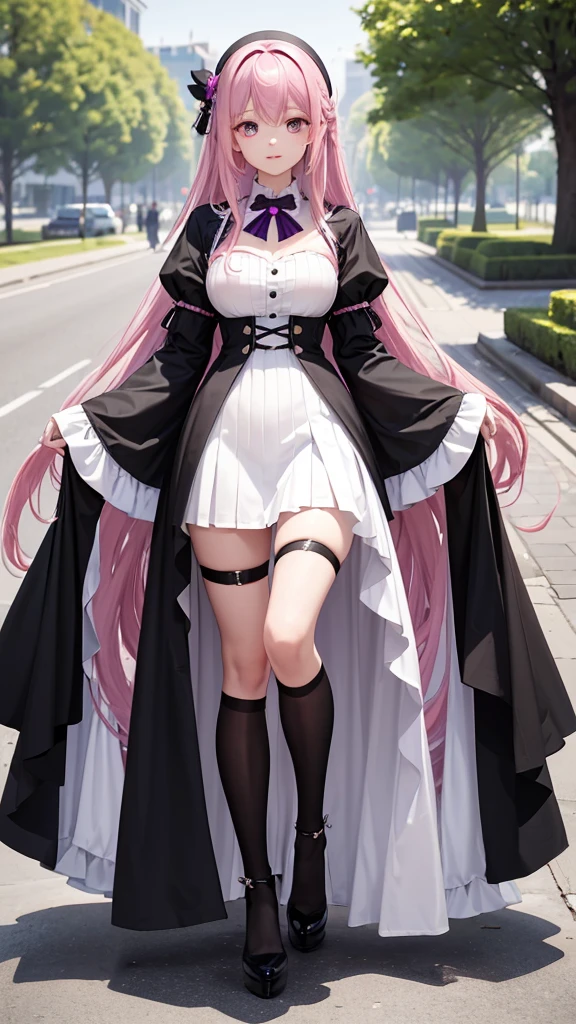 young girl, long straight hair to the waist, pink hair color, violet eye color, chest size is very, very large, goddess of death dress outfit, long skirt, Long front skirt, Long socks up to the upper thigh, black sock color, wear high heels, in the park.