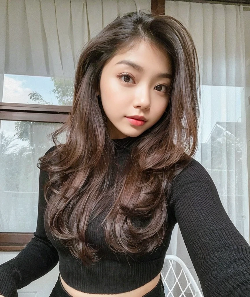(best quality,8k,highres,masterpiece:1.2), realistic, photorealistic:1.37, UHD, studio lighting, sharp focus, extreme detail description, professional, vivid colors, bokeh, portraits, extremely detailed face texture, beautiful detailed eyes, beautiful detailed lips, extremely detailed hair, dark colored hair, youthful appearance, medium round breast, cleavage, proportional eyes, seducing smile, clean and natural face, no makeup, bare face, indonesian face,