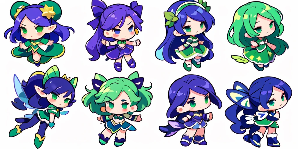 a close up of a cartoon character with different poses, spritesheet, sprite sheet, with familiar sprites, sprites, fairy girl, morgana, default pose neutral expression, twirling, sprite 2 d, shady, green fairy, smol,  multiple poses, cute chibi, kawaii