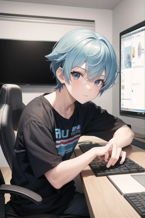 (Best quality: 1.0), (Super High Resolution: 1.0), Anime boy, short blue hair, hazel eyes, sitting in front of computer playing games, background in esports room,
