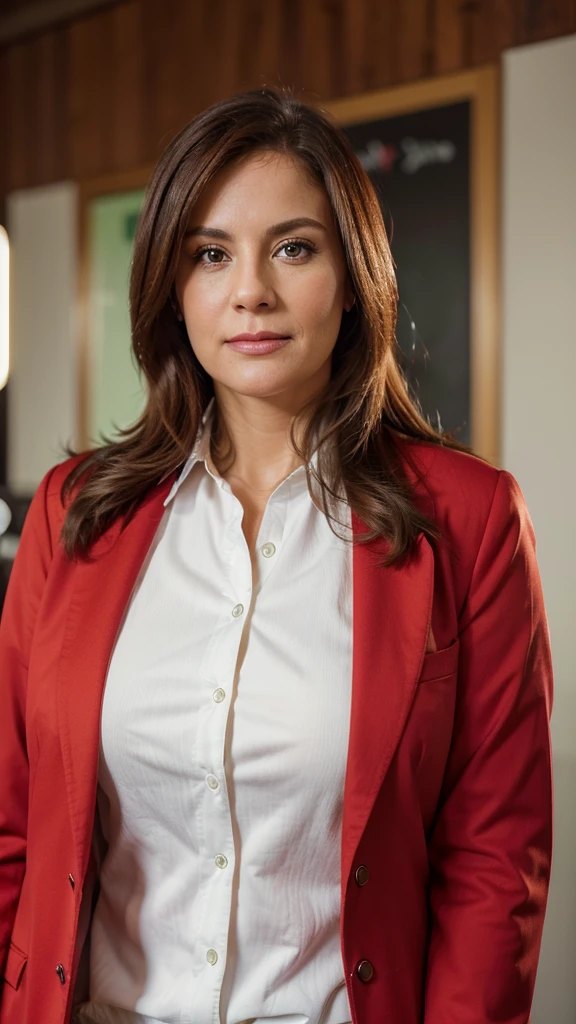 Something classic:
Photorealistic business portrait of a middle-aged woman. Photo taken with a Canon R6 camera and a 50mm 1.2 lens. The main octa light comes from the upper right corner. The background is green, she is wearing a red jacket and a white shirt. Hot 18+ picture.