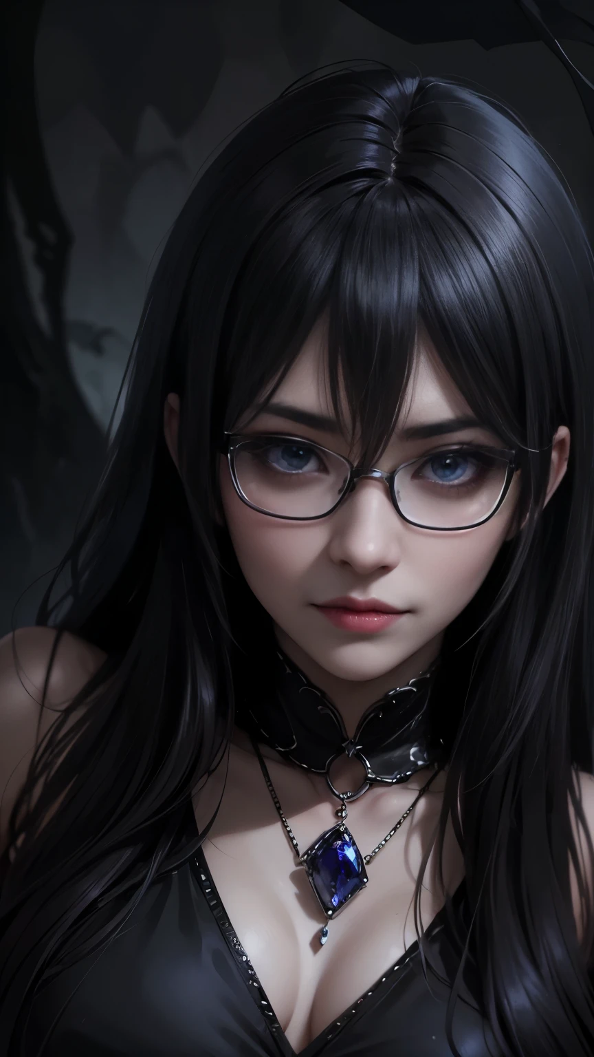 (Highest quality,4K,8K,High resolution,masterpiece:1.2),Very detailed,(Realistic,photoRealistic,photo-Realistic:1.37), Close-up of a woman with dark hair and a black dress, Dark Eyes,an  ominous笑顔,((((Glasses))))、((((big sapphire necklace))))、Evil Aura,Burning Flames,Soul Corruption,Dark Shadows,an  ominous雰囲気,Strange symbols,Cursed Land,Eternal Darkness,Unforgettable Exists,Intimidating person,Grotesque features,Horror Scene,twisted reality,Scary atmosphere,A wonderful work of art,Evil Unleashed,Supernatural horror,Spooky art,nightmare fuel,Terrifyingly clear,Abstract fear,Terrifyingly beautiful,masterpiece,Fear incarnate,Shadow Chaos,Exists,to be born々Shii Darkness,in style of Dark Fantasy Art, Dark Fantasy Art, Beautiful and elegant queen of darkness, Dark Fantasy Art, Fantasy Dark Art, Dark fantasy digital art, Gothic fantasy art, Gothic Dark Maiden, Detailed Texture,Spooky creatures,an  ominous雰囲気,Mythical,Space horror,darkness,mysterious,Dark aesthetic,Fog Background,Eyes of another world,Ancient Gods々々々々々々, Powerful wizard, mysteriousStanding in the woods. A loose robe decorated with symbols, Arms stretched out, Powerful,Tentacles,Pitch black blackness,Majestic,Unfathomable depth,nightmare,The Exists of the universe,an  ominousExists,seeping darknesss,Secrets of the Universe, (Spooky atmosphere), (((Dramatic Shadows), (Dynamic pose), ((Artistically expressed)), ((charm), (Gothic), (mysterious Setting), (Moody color palette), (Skillfully drawn), (sense of unease), (Intricate details), (an  ominous smile), (an  ominous), (charm eyes), (Horror elements), (charm composition), (Impressive anatomy),(Striking contrast))), (Interesting character designs)、Dark Fantasy Portrait, Portrait of the Dark Goddess, 