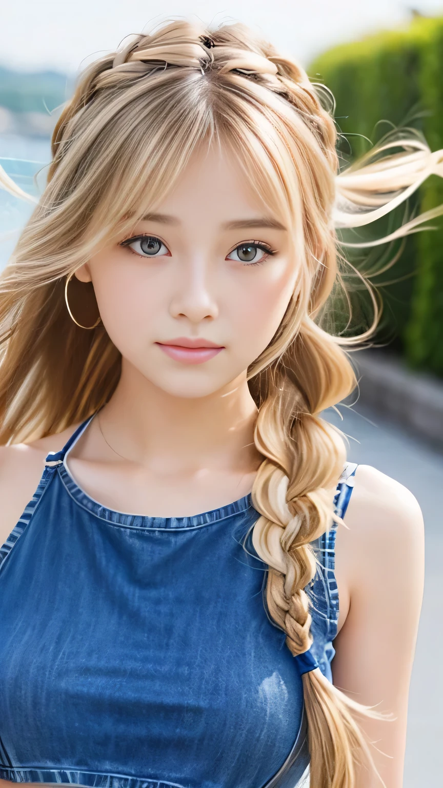 Sexy Big 、Sexy cute looks and cute beautiful girl, beautiful and sexy face、A strong wind blows my hair in front of my face、beautiful long blonde French braided hair、beautiful, Cute and sexy eyes hidden behind long bangs