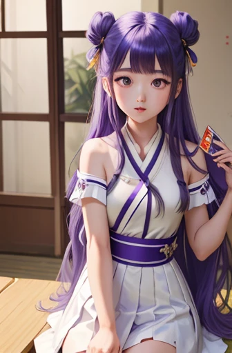 Keqing ,genshin impact,anime girl,solo in the school,purple hari,long hair, white dress, beautiful, super realistic, high quality