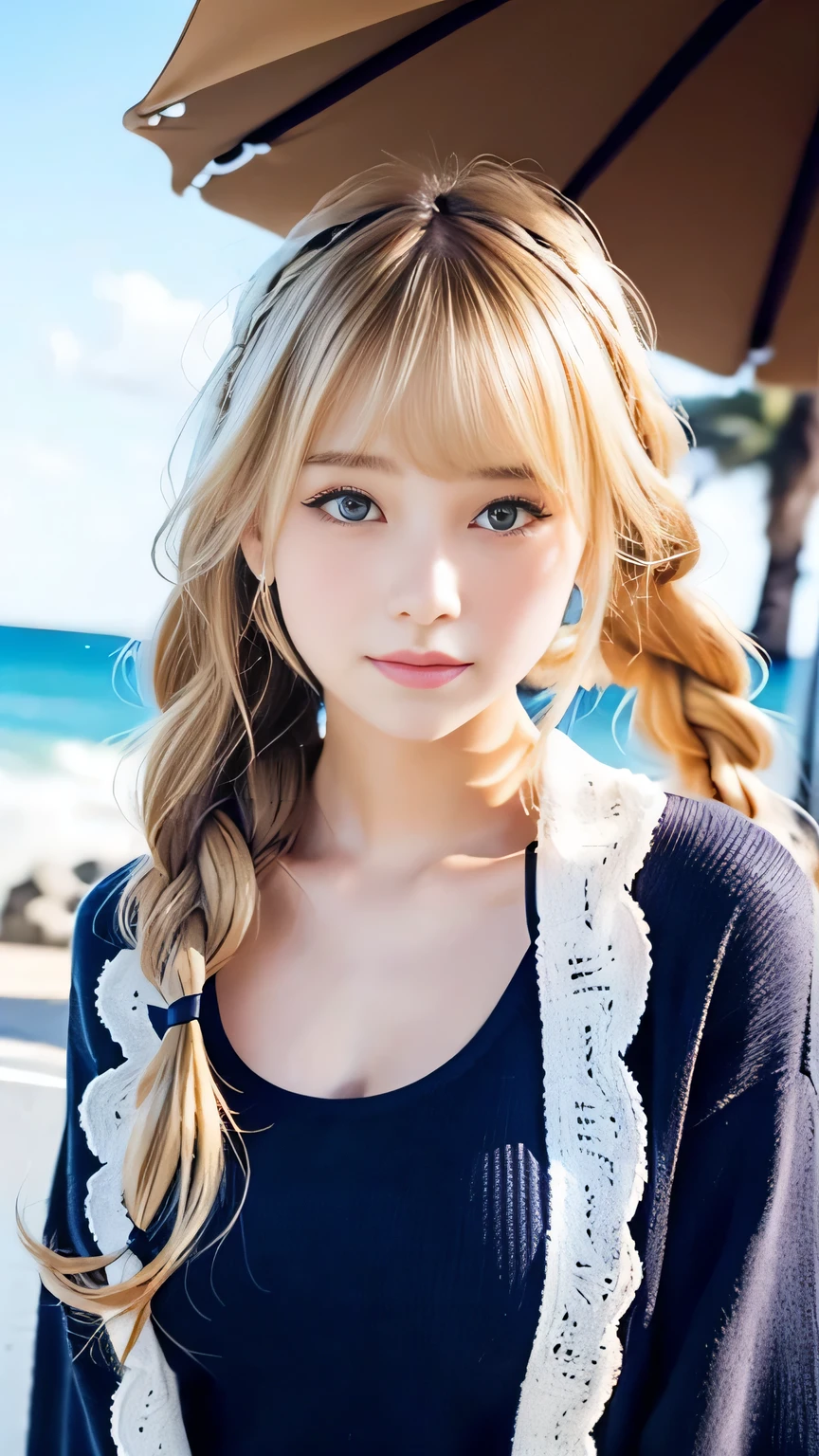 Sexy Big 、Sexy cute looks and cute beautiful girl, beautiful and sexy face、A strong wind blows my hair in front of my face、beautiful long blonde French braided hair、beautiful, Cute and sexy eyes hidden behind long bangs