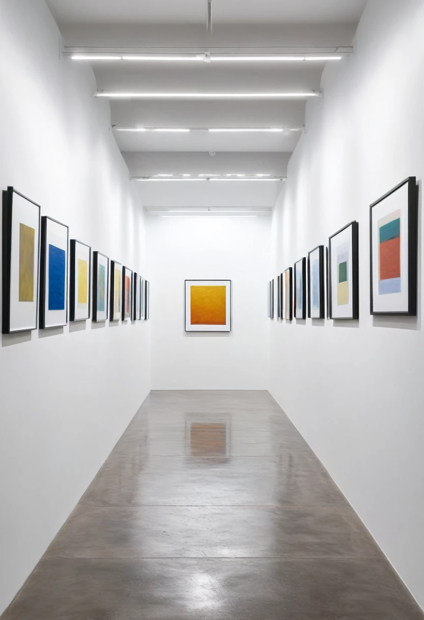 white wall of a modern art gallery with symmetrically arranged abstract paintings