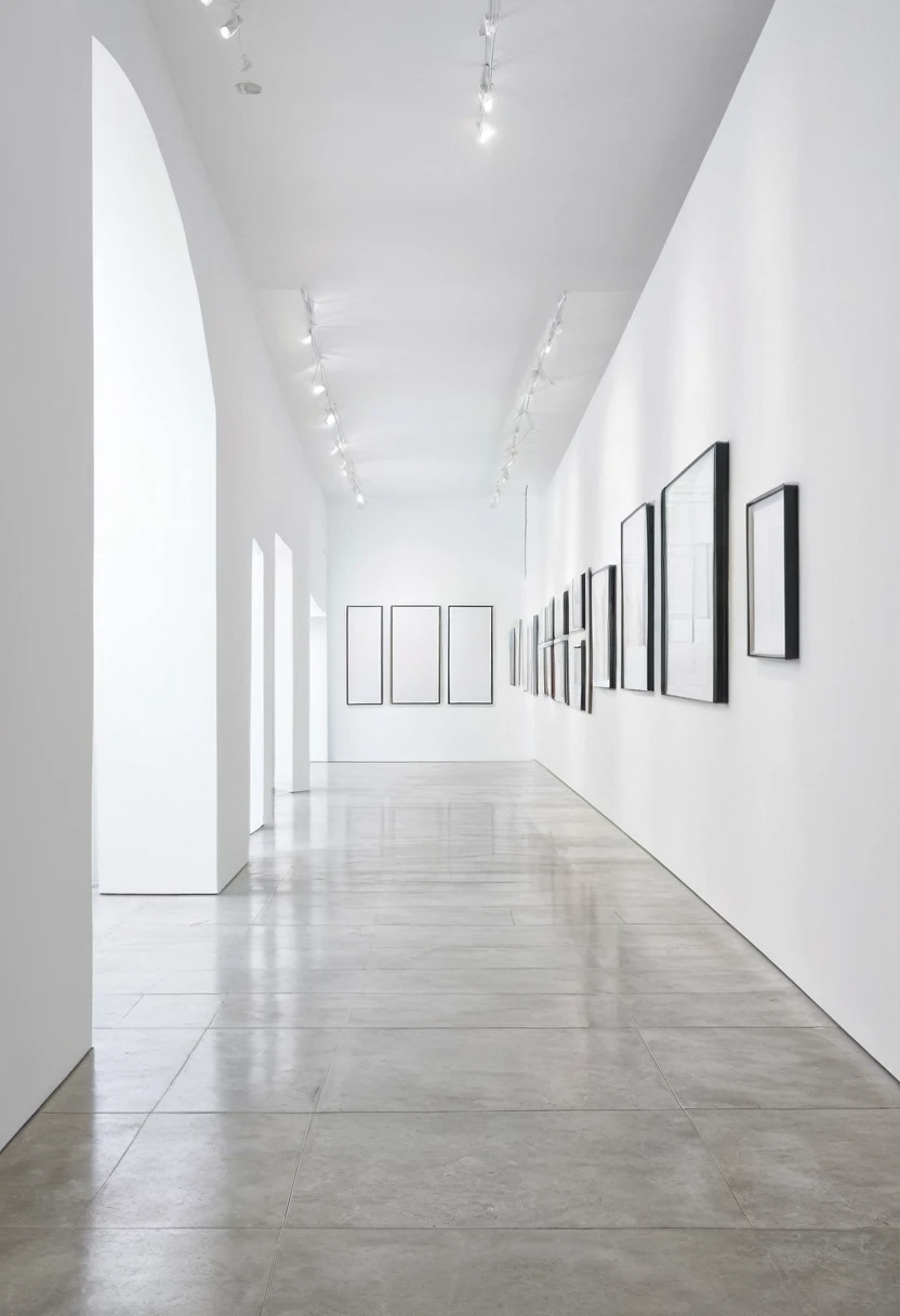 white wall of a modern art gallery with symmetrically arranged abstract paintings