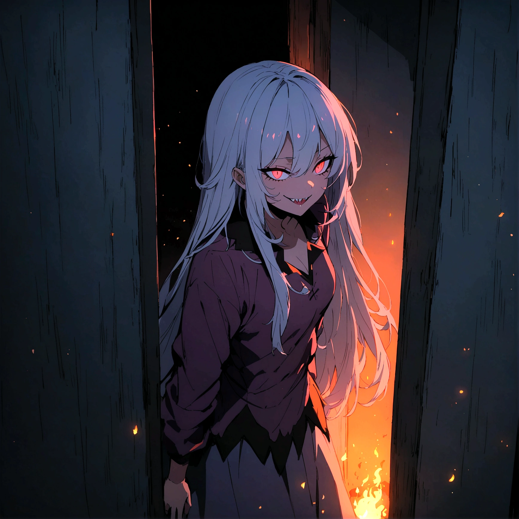 anime demon women, shark teeth, long hair, night, standing in the corner of someone's room, eyes like embers, wicked smile, detailes, 4k