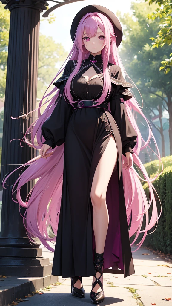 young girl, long straight hair to the waist, pink hair color, violet eye color, chest size is very, very large, goddess of death dress outfit, long skirt, Long front skirt, Long socks up to the upper thigh, black sock color, wear high heels, in the park.
