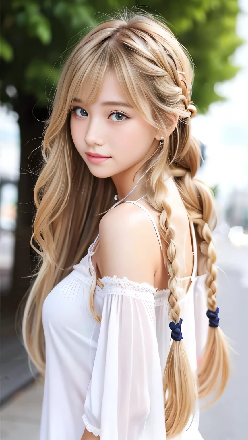 Sexy Big 、Sexy cute looks and cute beautiful girl, beautiful and sexy face、A strong wind blows my hair in front of my face、beautiful long blonde French braided hair、beautiful, Cute and sexy eyes hidden behind long bangs