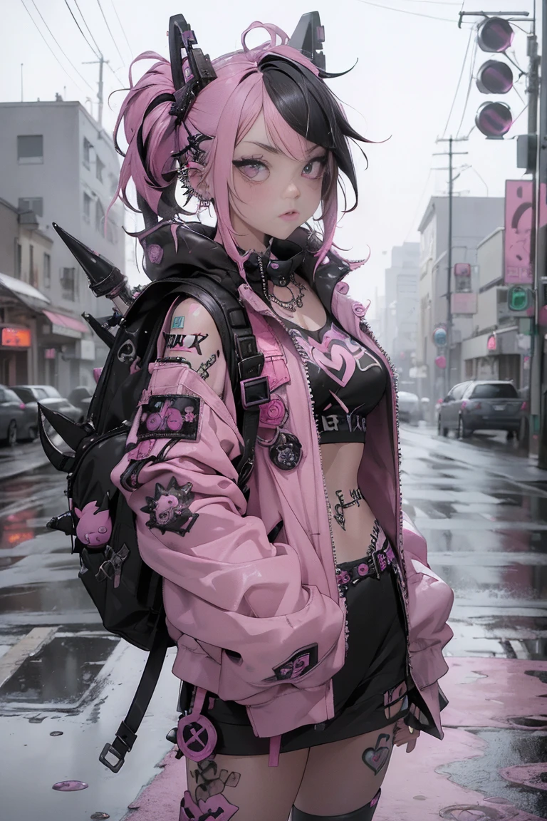 (highest quality、8k、32K、masterpiece、nffsw:1.3)、(Photoreal:1.4),(shoot from front,looking at viewer:1.5)、18-year-old punk girl,eccentric punk hair,((pink and black punk fashion:1.5)),clothes with studs、(1 holding a stuffed crazy bunny in his left hand.5)、black backpack on the back、（bright black and pink hair:1.5）,Wacky makeup、、dark background、Desolate city in the rain、puddle on the road、(cinematic lighting)、Depth of the bounds written,blurred background、